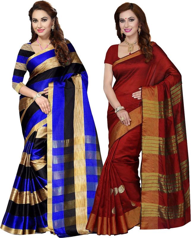 Printed Bollywood Art Silk Saree  (Pack of 2, Red, Blue)