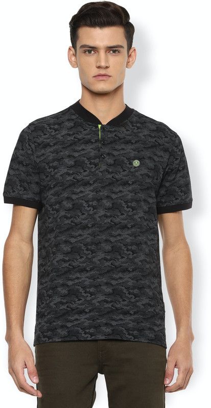 Men Printed Mandarin Collar Pure Cotton Grey T-Shirt