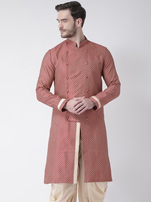 Men Woven Design Jacquard Straight Kurta  (Maroon)