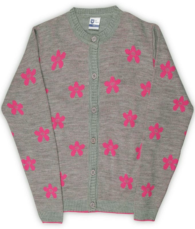 Girls Self Design Round Neck Grey, Pink Sweater