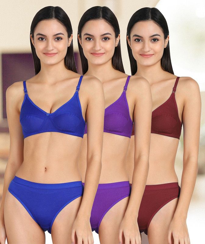 Bra & Panty Set Self Design Blue, Purple, Maroon Lingerie Set