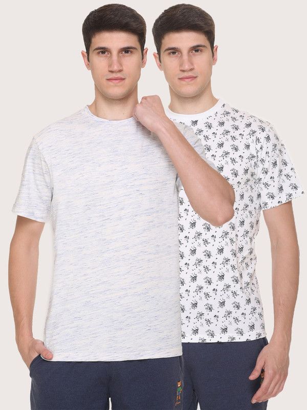 Pack of 2 Men Self Design Round Neck Cotton Blend White, Blue T-Shirt