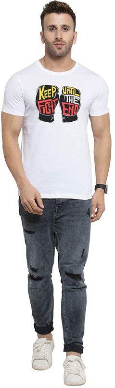 Men's White Polyster Half Sleeves Keep Fight Until the End Printed T-Shirt | M Men Printed Round Neck Polyester White T-Shirt