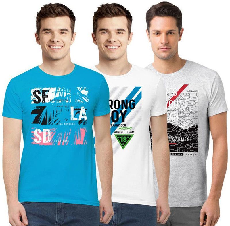 Pack of 3 Men Printed Round Neck Pure Cotton White, Blue, Grey T-Shirt