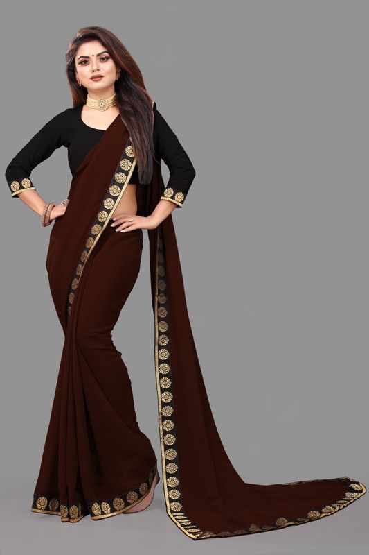 Solid/Plain Daily Wear Lycra Blend Saree  (Brown)