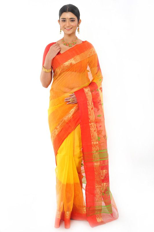 Striped Assam Silk Art Silk Saree  (Yellow)