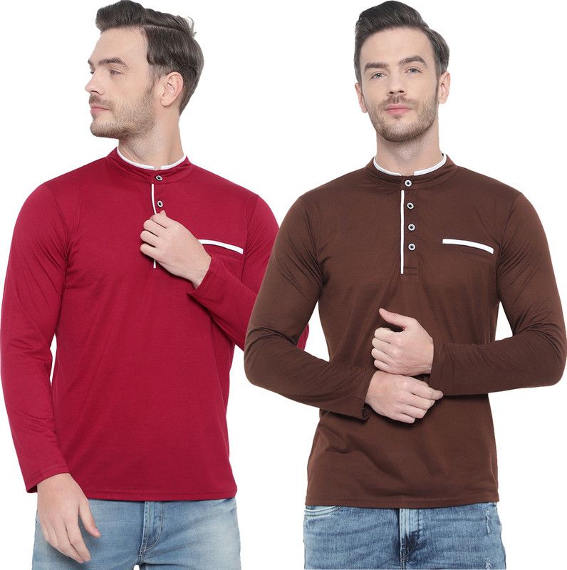 Pack of 2 Roman Henley Neck Men Solid Henley Neck Cotton Blend Red, Brown T-Shirt