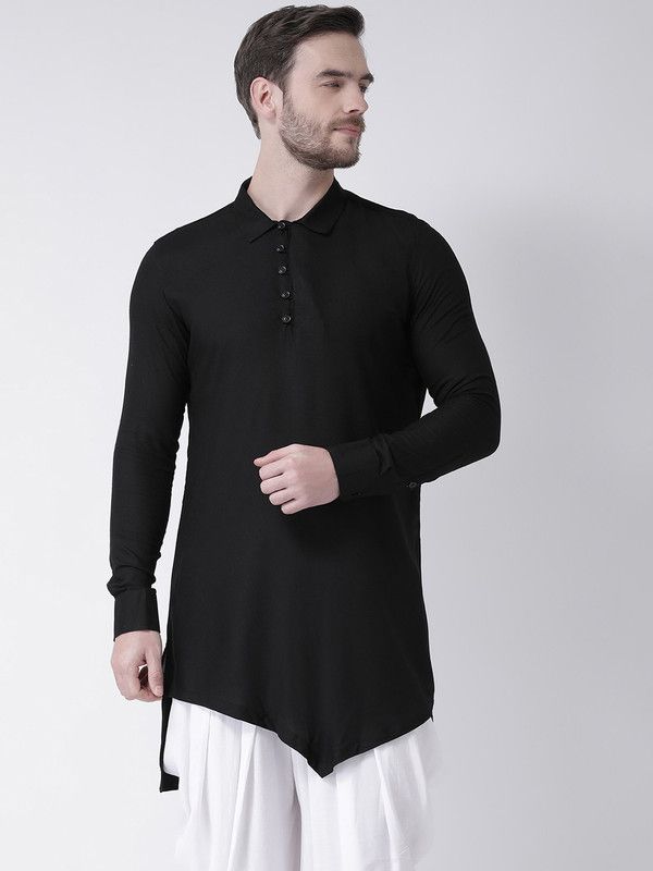 Men Solid Viscose Rayon Asymmetric Kurta  (Black)