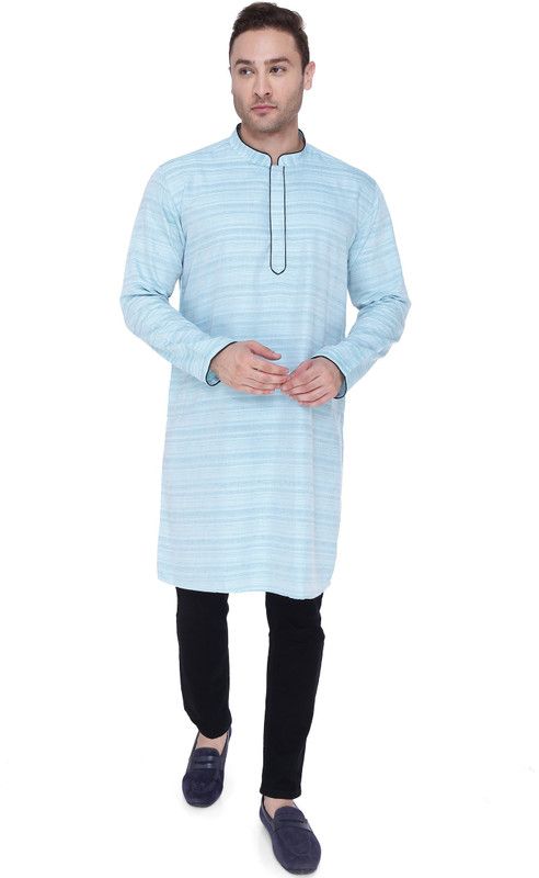 Men Solid Cotton Silk Straight Kurta  (Light Blue)