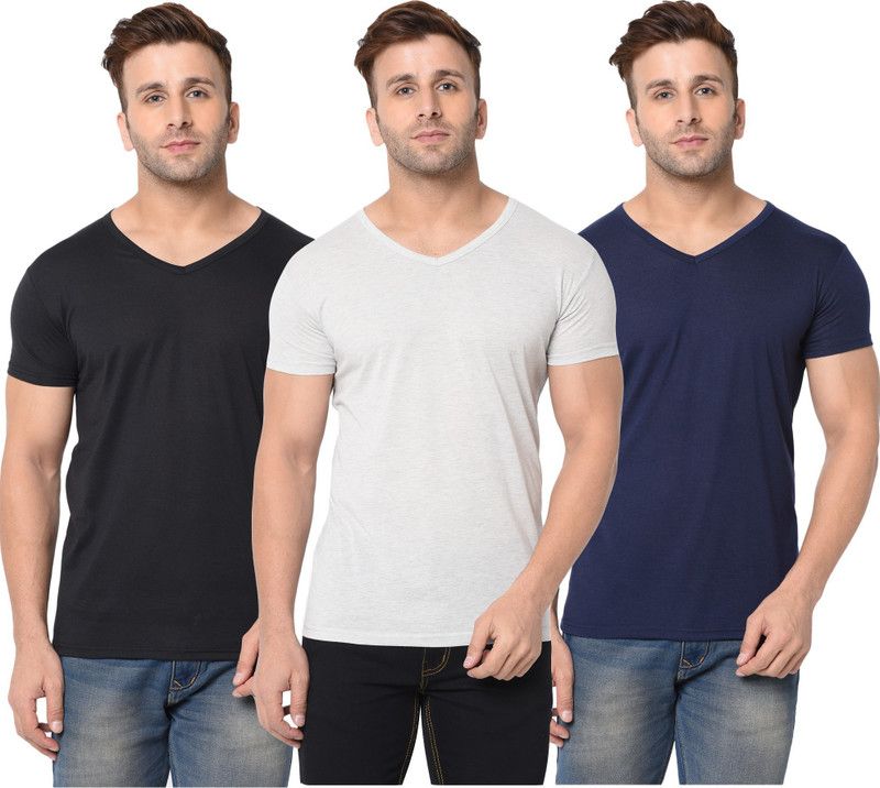 Pack of 3 Men Solid V Neck Cotton Blend Dark Blue, Black, Grey T-Shirt