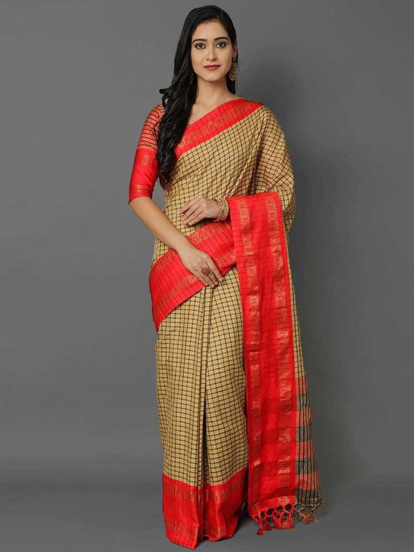 Checkered Kanjivaram Cotton Silk Saree  (Cream, Red)
