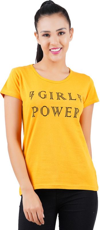Women Typography Round Neck Pure Cotton Black, Yellow T-Shirt