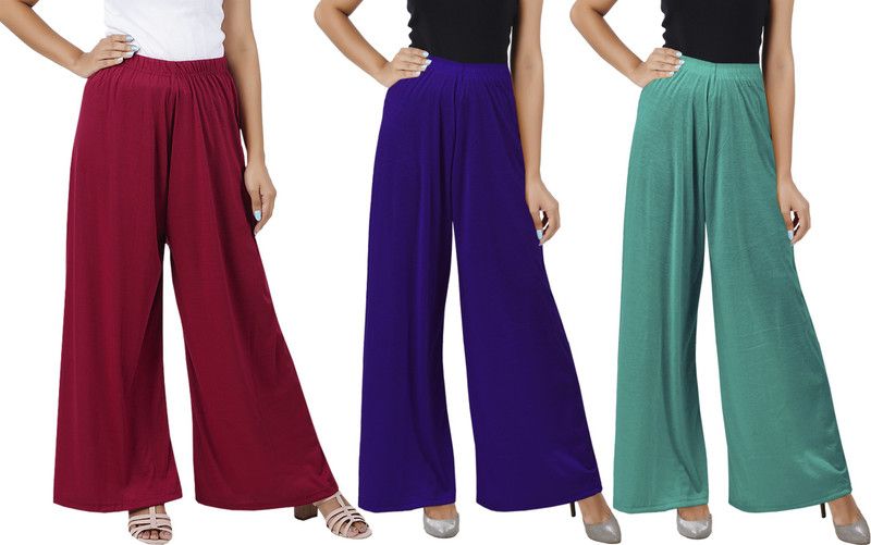 Pack of 3 Women Flared Maroon, Purple, Green Cotton Blend Trousers
