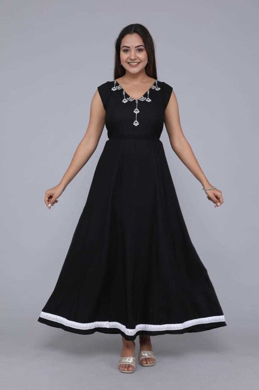 Cotton Rayon Stitched Anarkali Gown  (Black)