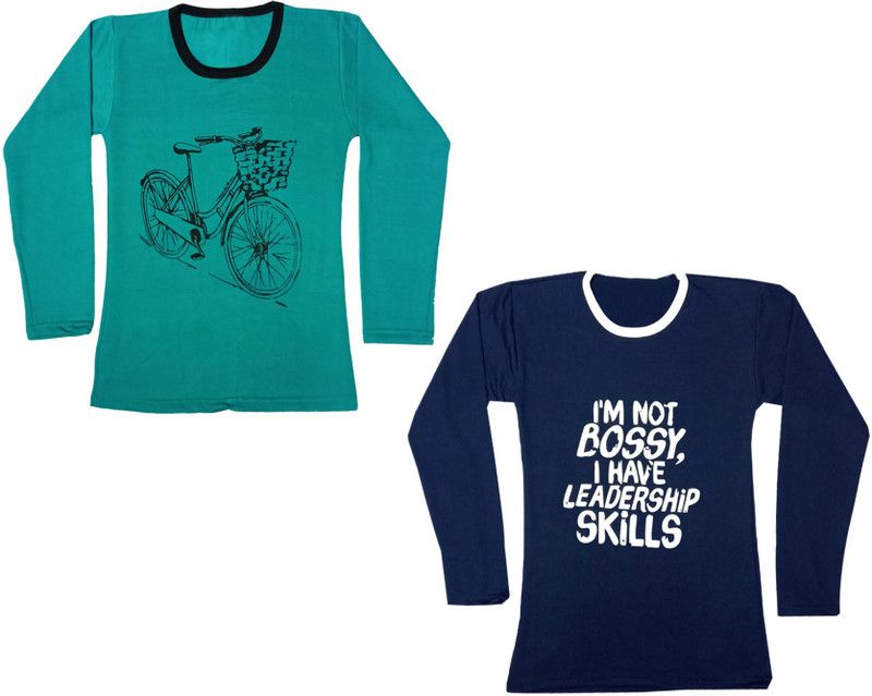 Girls Graphic Print Wool Blend T Shirt  (Multicolor, Pack of 2)