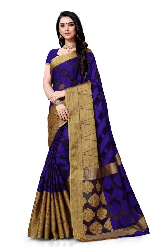 Woven Bollywood Cotton Silk Saree  (Dark Blue)