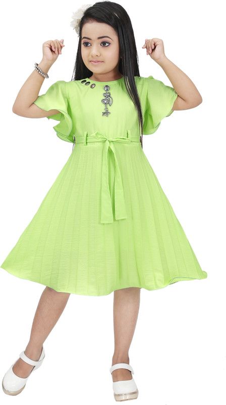 Girls Midi/Knee Length Festive/Wedding Dress  (Green, Short Sleeve)