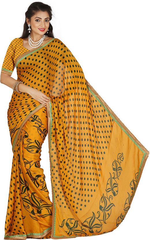 Embellished Bollywood Crepe Saree  (Yellow)