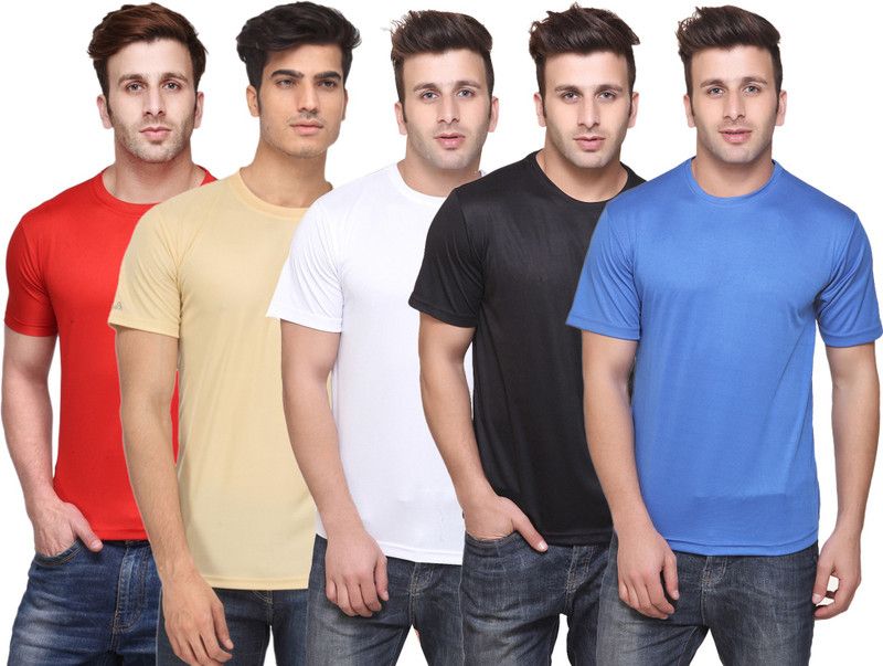 Pack of 5 Men Solid Round Neck Poly Cotton Multicolor T-Shirt