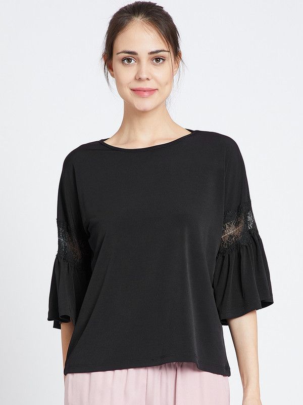 Casual Bell Sleeves Solid Women Black Top