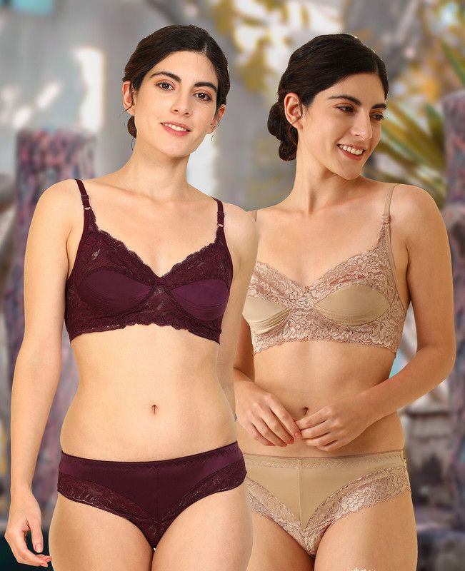 Bra & Panty Set Self Design Maroon, Brown Lingerie Set
