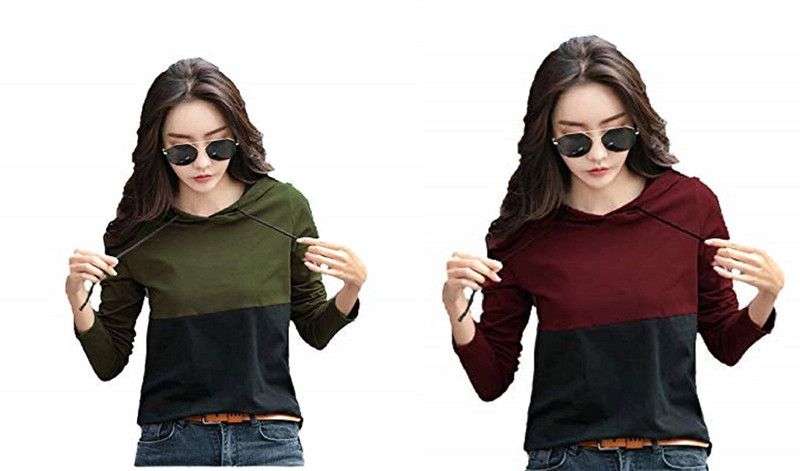 Pack of 2 Women Solid Henley Neck Cotton Blend Dark Green, Maroon T-Shirt