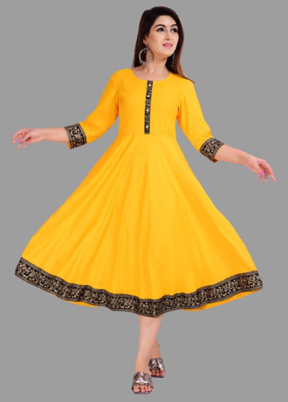 Women Solid, Printed Viscose Rayon Flared Kurta  (Yellow)