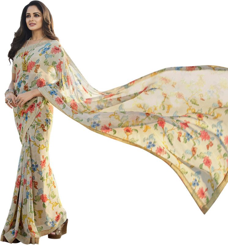 Floral Print Bollywood Georgette, Chiffon Saree  (White)