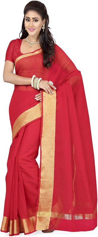 Self Design Banarasi Cotton Blend Saree  (Red)