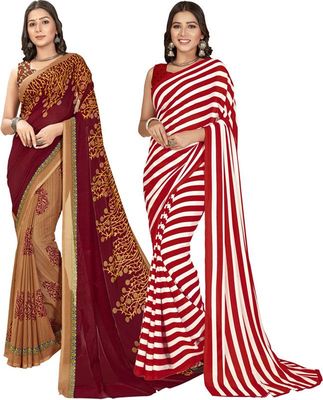 Printed Daily Wear Georgette Saree  (Pack of 2, White, Brown)