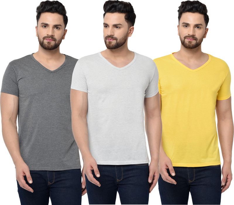 Pack of 3 V neck Combo T-shirts Multicolor Men Solid V Neck Cotton Blend White, Grey, Yellow T-Shirt