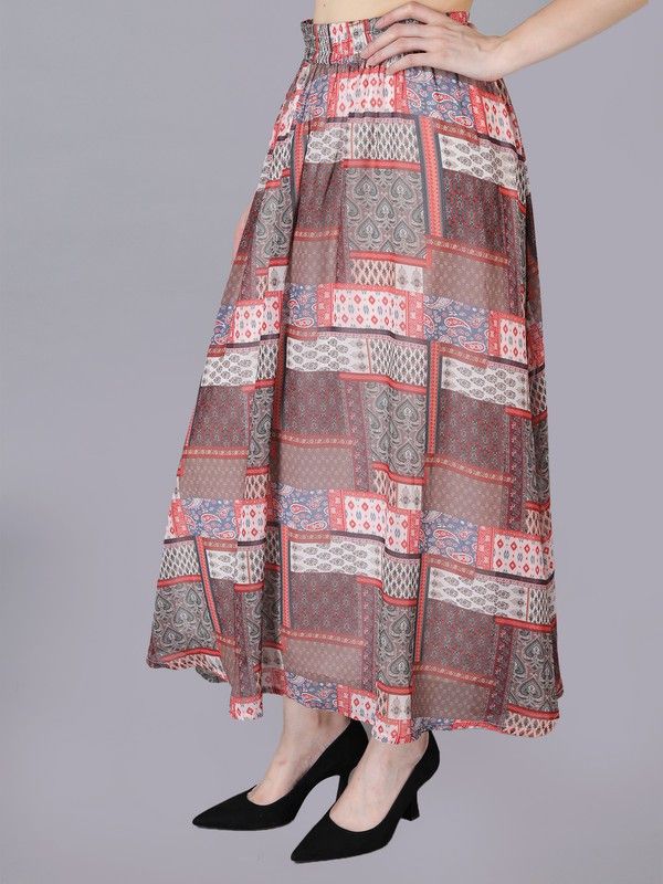 Women Printed Flared Brown Skirt