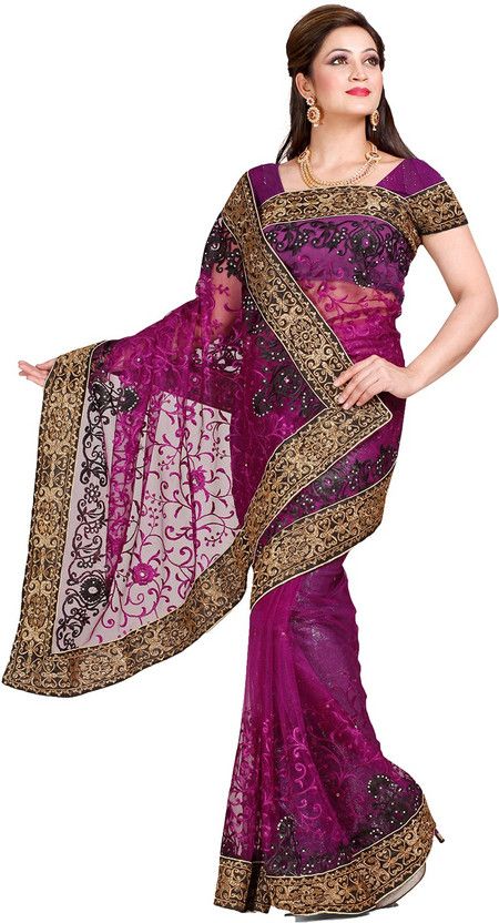 Embroidered Bollywood Net Saree  (Purple)