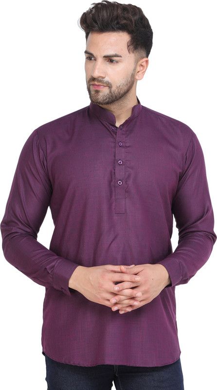 Men Solid Cotton Blend Straight Kurta  (Purple)