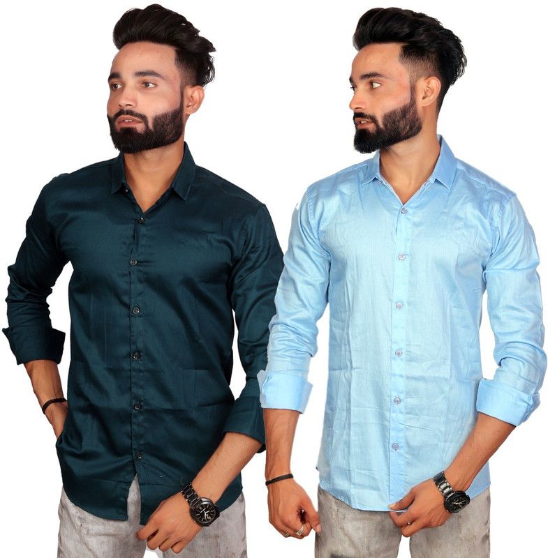 Men Solid Casual Blue, Light Blue Shirt  (Pack of 2)