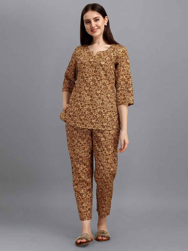 Women Shirt & Pyjama set Brown Printed