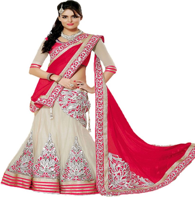 Self Design Bollywood Handloom Cotton Blend, Chiffon Saree  (Red, White)