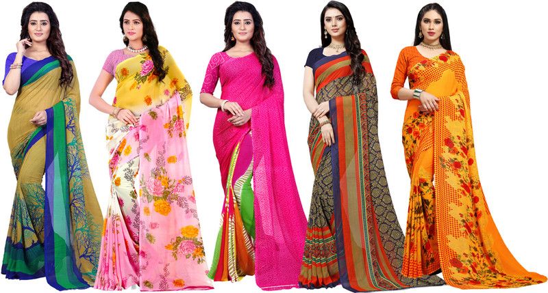 Printed Daily Wear Georgette Saree  (Pack of 5, Green, Blue, Pink, Orange, Beige)