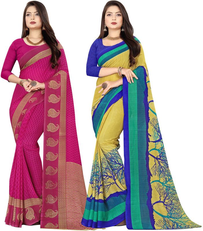 Printed Daily Wear Georgette Saree  (Pack of 2, Purple, Green)