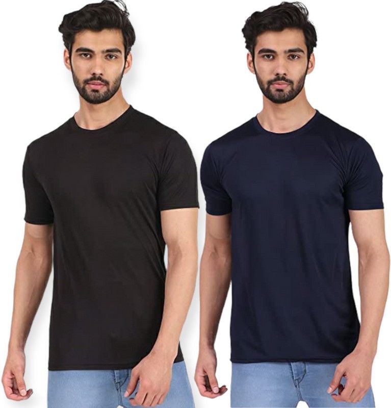 Pack of 2 Men Solid Round Neck Elastane Blue, Black T-Shirt