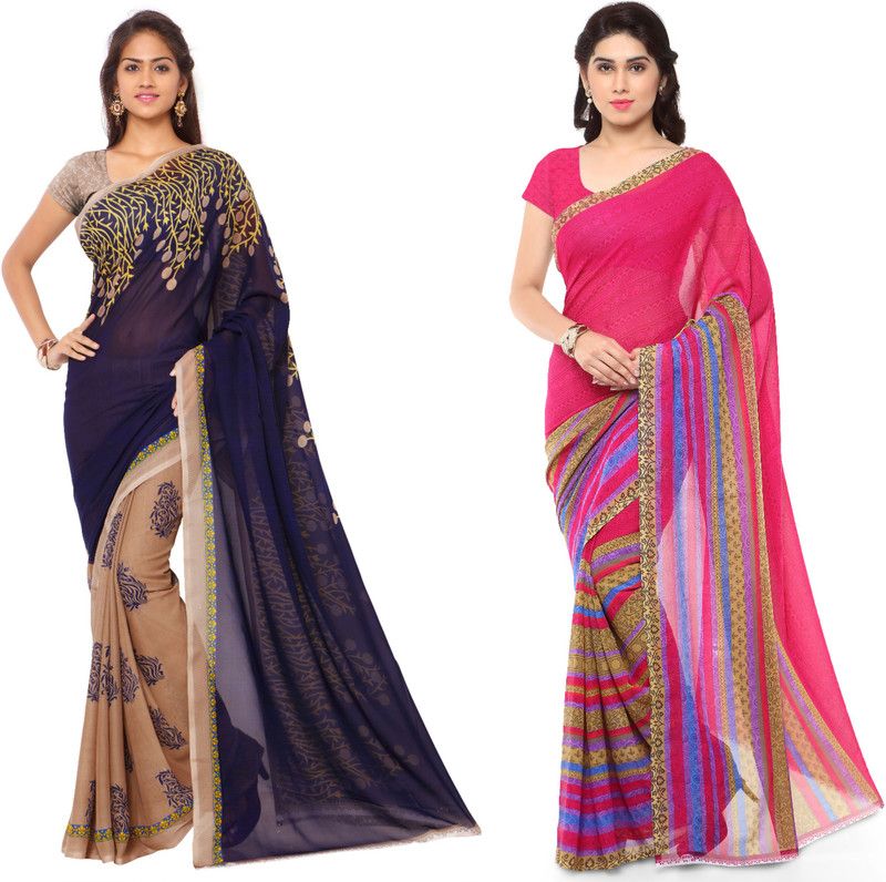 Printed Daily Wear Georgette Saree  (Pack of 2, Dark Blue, Pink)