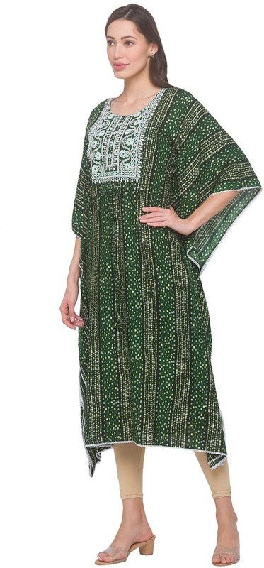 Women Embroidered Viscose Rayon Kaftan Kurta  (Dark Green)