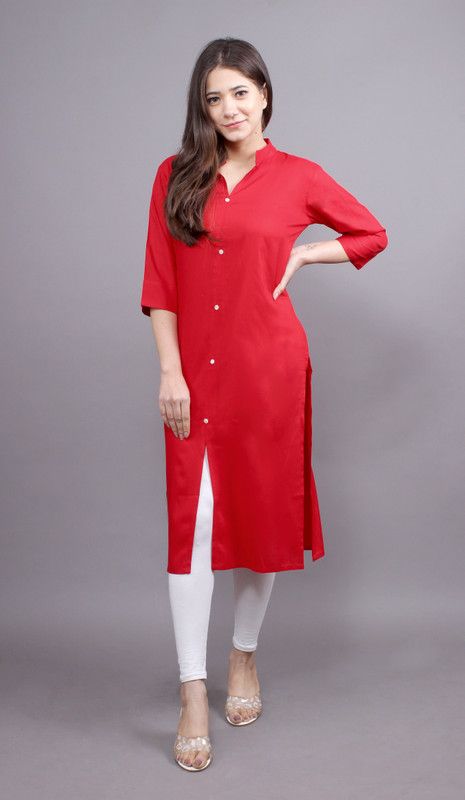 Women Solid Viscose Rayon Frontslit Kurta  (Red)