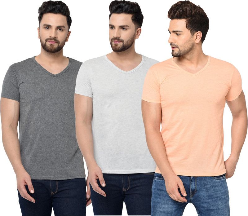 Pack of 3 V neck Combo T-shirts Multicolor Men Solid V Neck Cotton Blend White, Orange, Grey T-Shirt