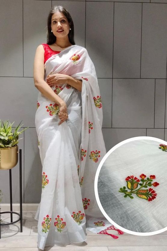 Embroidered Bollywood Linen Saree  (Multicolor)