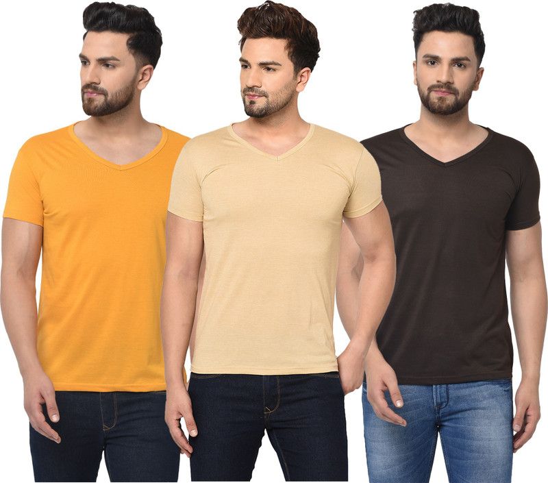 Pack of 3 Men Solid V Neck Cotton Blend Brown, Beige, Yellow T-Shirt