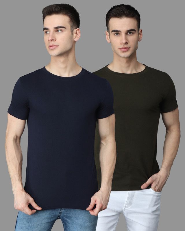 Pack of 2 Men Solid Round Neck Pure Cotton Green, Blue T-Shirt