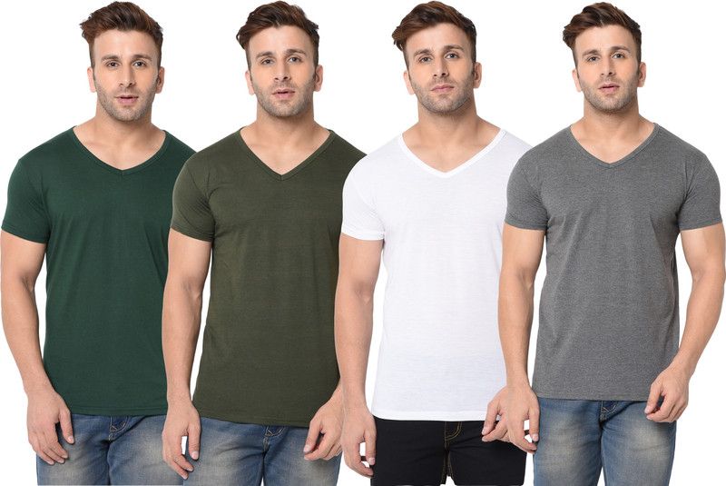 Pack of 4 Men Self Design, Solid V Neck Cotton Blend Green, White, Grey T-Shirt