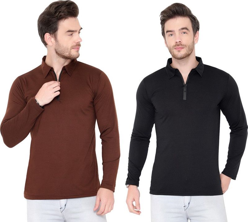Pack of 2 Men Solid Polo Neck Cotton Blend Brown, Black T-Shirt