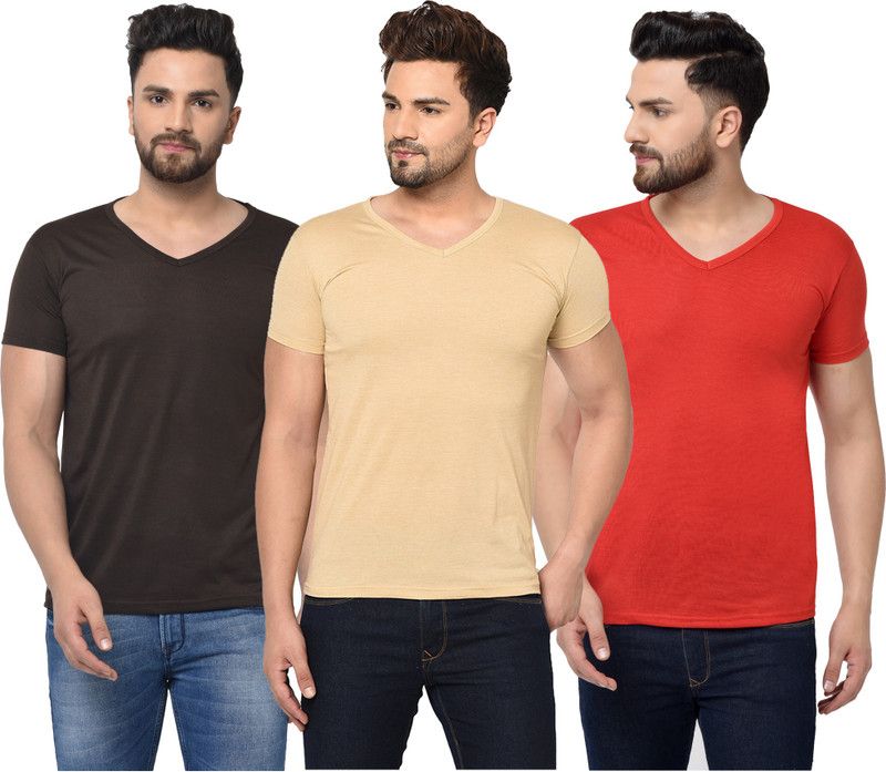 Pack of 3 Men Solid V Neck Cotton Blend Red, Brown, Beige T-Shirt